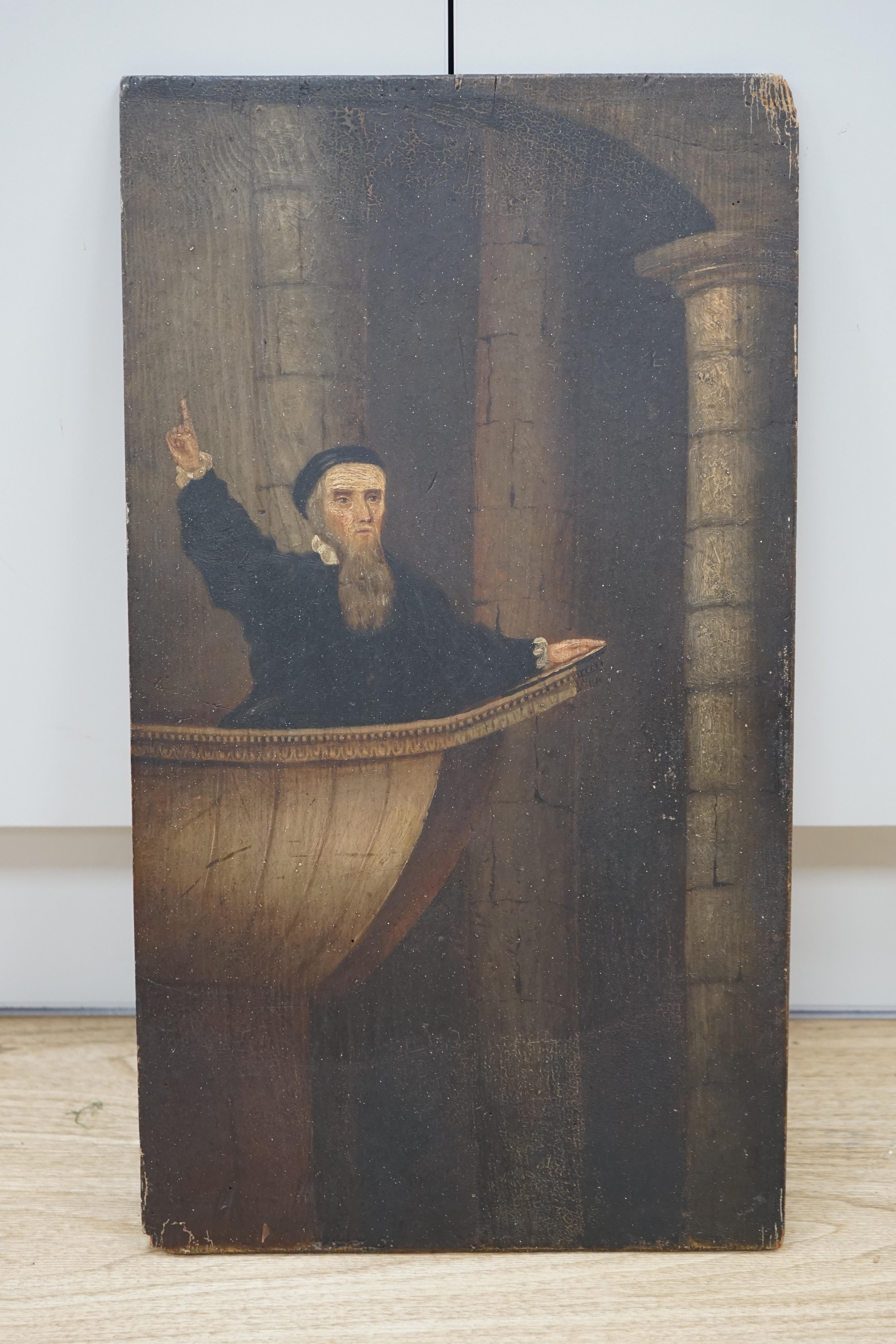 19th century oil on wood panel, John Knox (Scottish c.1514-1572) preaching, indistinctly inscribed in ink verso, 58 x 32cm, unframed. Condition - poor to fair